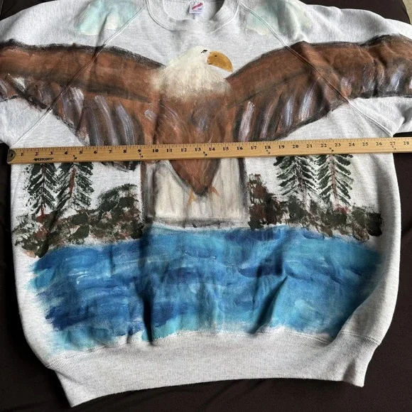 Vintage Bald Eagle Sweatshirt Mens 3XL Gray Jerzees Hand Painted USA 90s - Picture 6 of 8